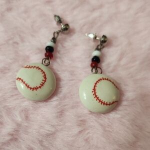 Kids Baseball Charm Drop Earrings in White and Red